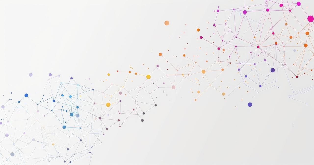 Abstract network design with colourful nodes and connections on a light background.